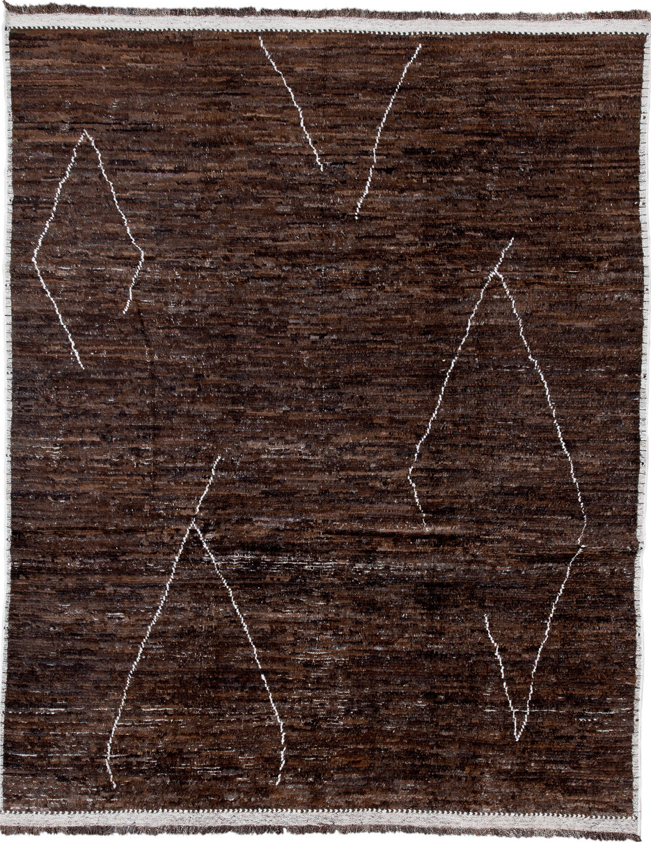 9' x 11' one-of-a-kind handmade vintage Tulu large size rug. Color palette: gray, brown, off-white, light gray, pink, black