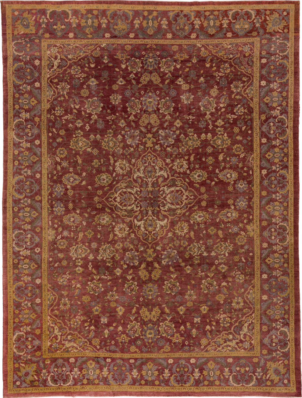 9' x 13' one-of-a-kind handmade vintage Mahal large size rug. Color palette: brown, pink, redwood