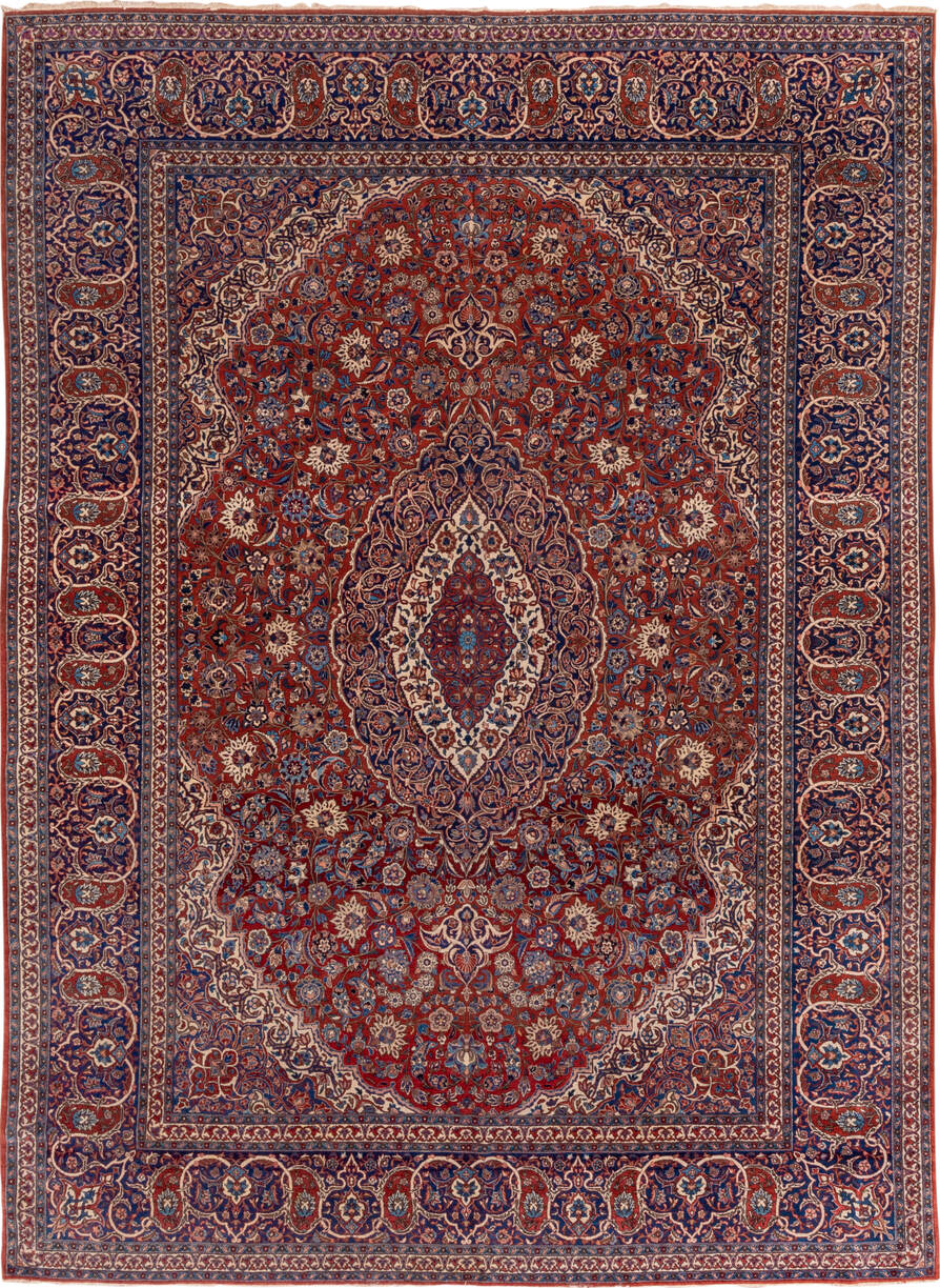 10' x 13' one-of-a-kind handmade vintage Isfahan large size rug. Color palette: blue, brown, gray, light gray