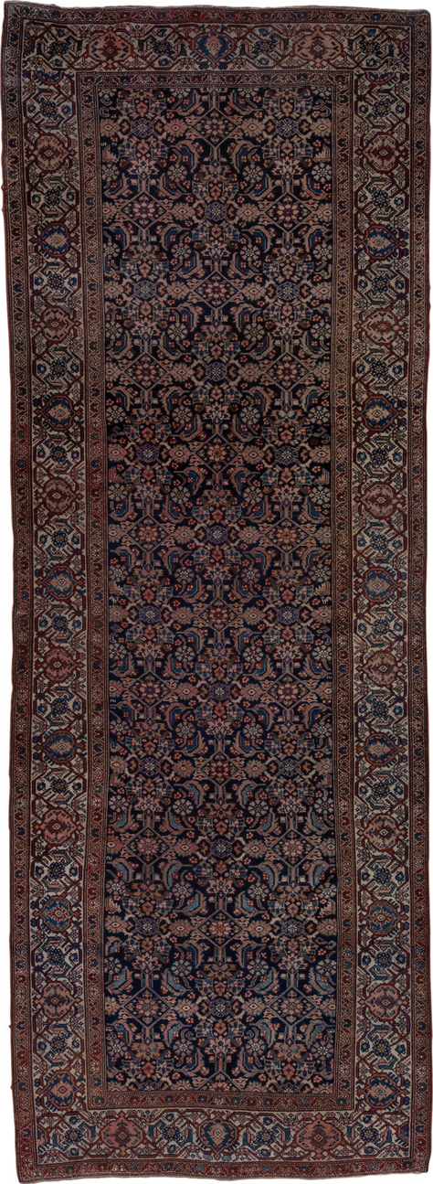 5' x 14' one-of-a-kind handmade vintage Malayer rug. Color palette: black, blue, brown, charcoal, gray