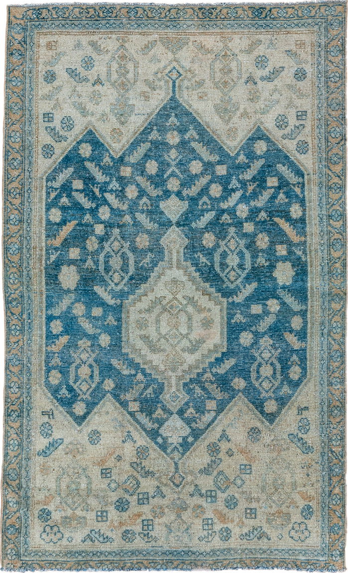 3' x 5' one-of-a-kind handmade vintage Malayer small size rug. Color palette: arapawa, blue, gray, light gray, off-white