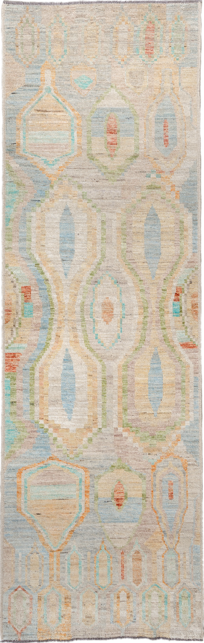 3' x 9' one-of-a-kind handmade vintage Kilim runner rug. Color palette: antiquewhite, blue, brown, cadet blue, dark gray