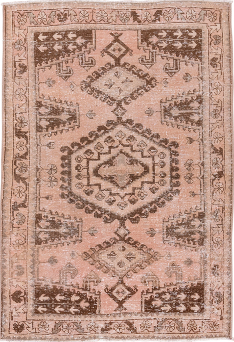3' x 5' one-of-a-kind handmade vintage Oushak small size rug. Color palette: brown, gray, light gray, off-white, pink, snow