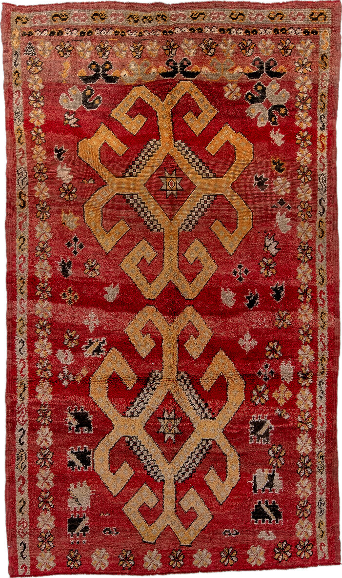 5' x 9' one-of-a-kind handmade vintage Moroccan medium size rug. Color palette: brown, red, pink, off-white, light gray