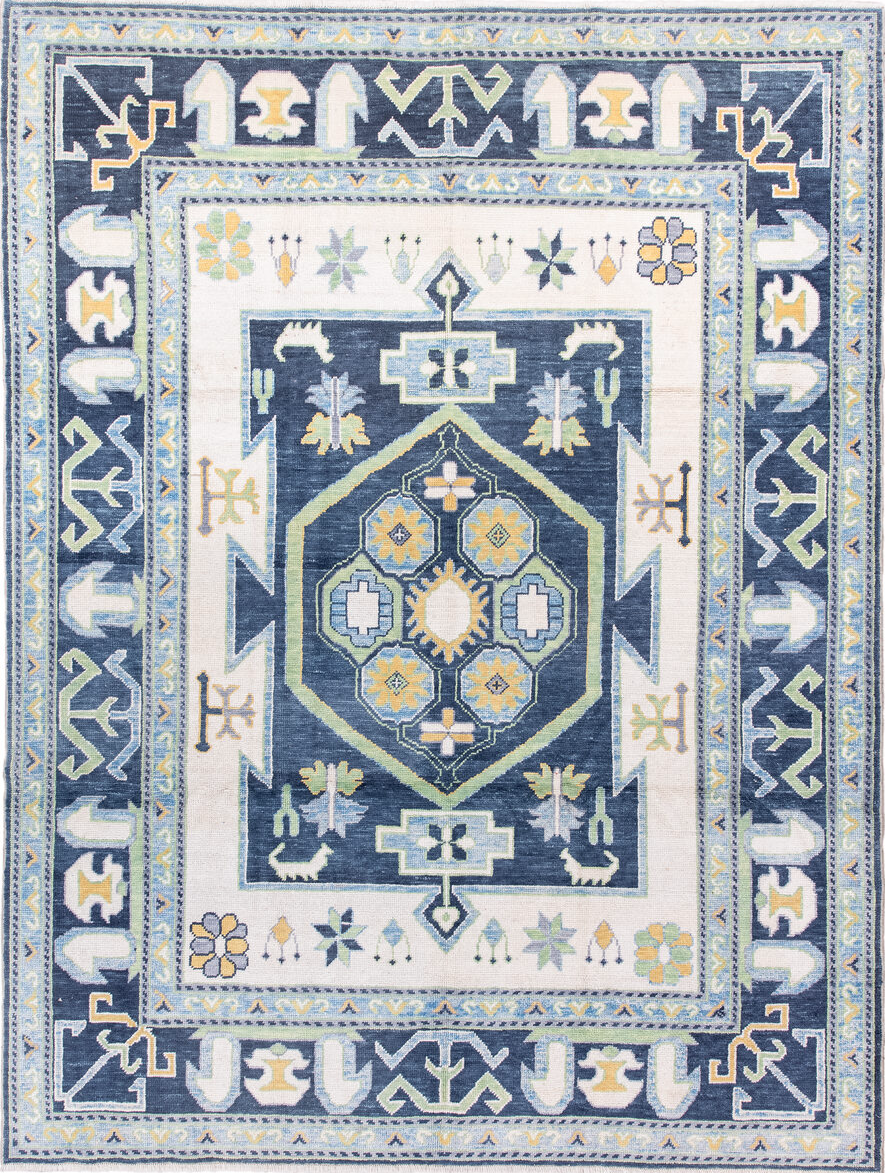 8' x 10' one-of-a-kind handmade vintage Oushak large size rug. Color palette: blue, brown, fiord, ghost white, gray