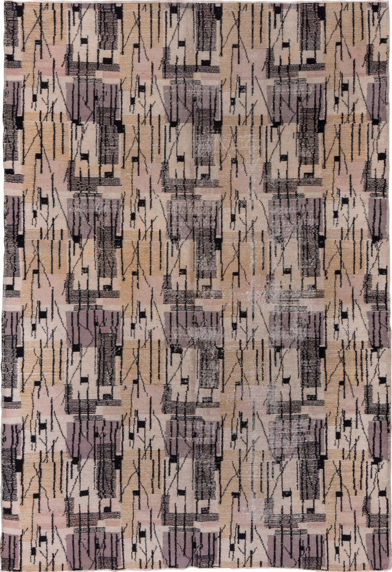 6' x 10' one-of-a-kind handmade vintage Art Deco large size rug. Color palette: black, brown, charcoal, dim gray, gray
