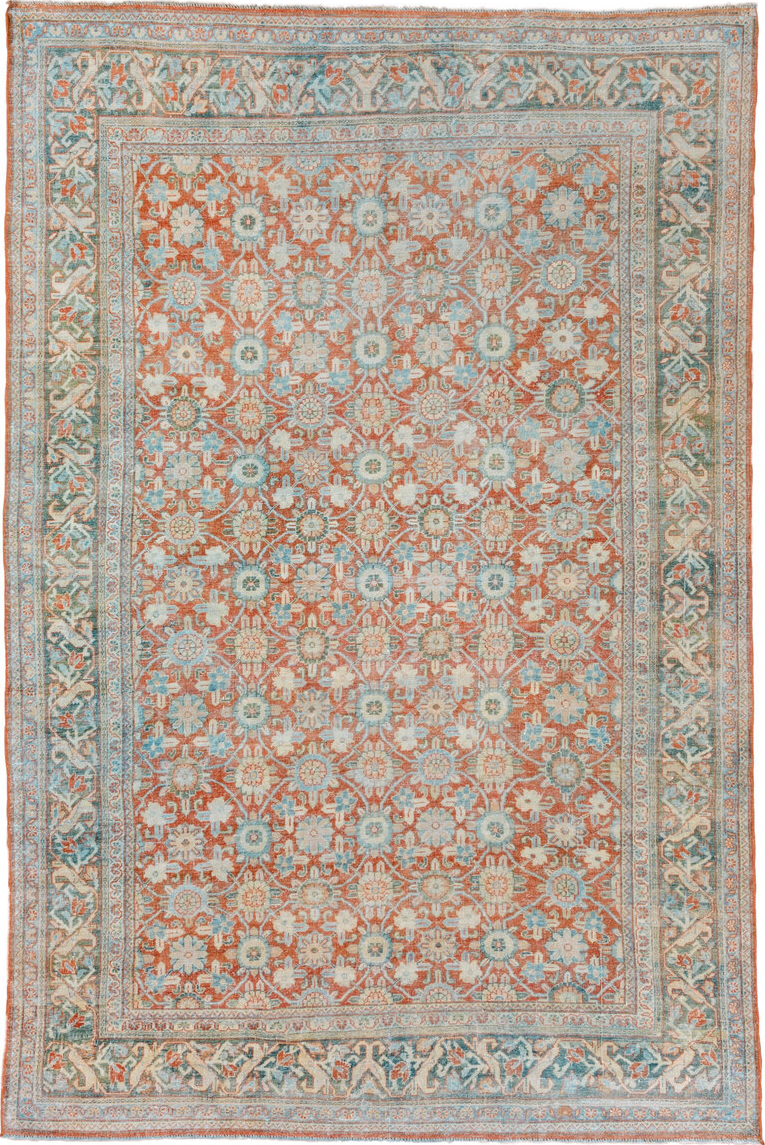 7' x 10' one-of-a-kind handmade vintage Mahal large size rug. Color palette: blue, brown, dark gray, gray, light gray