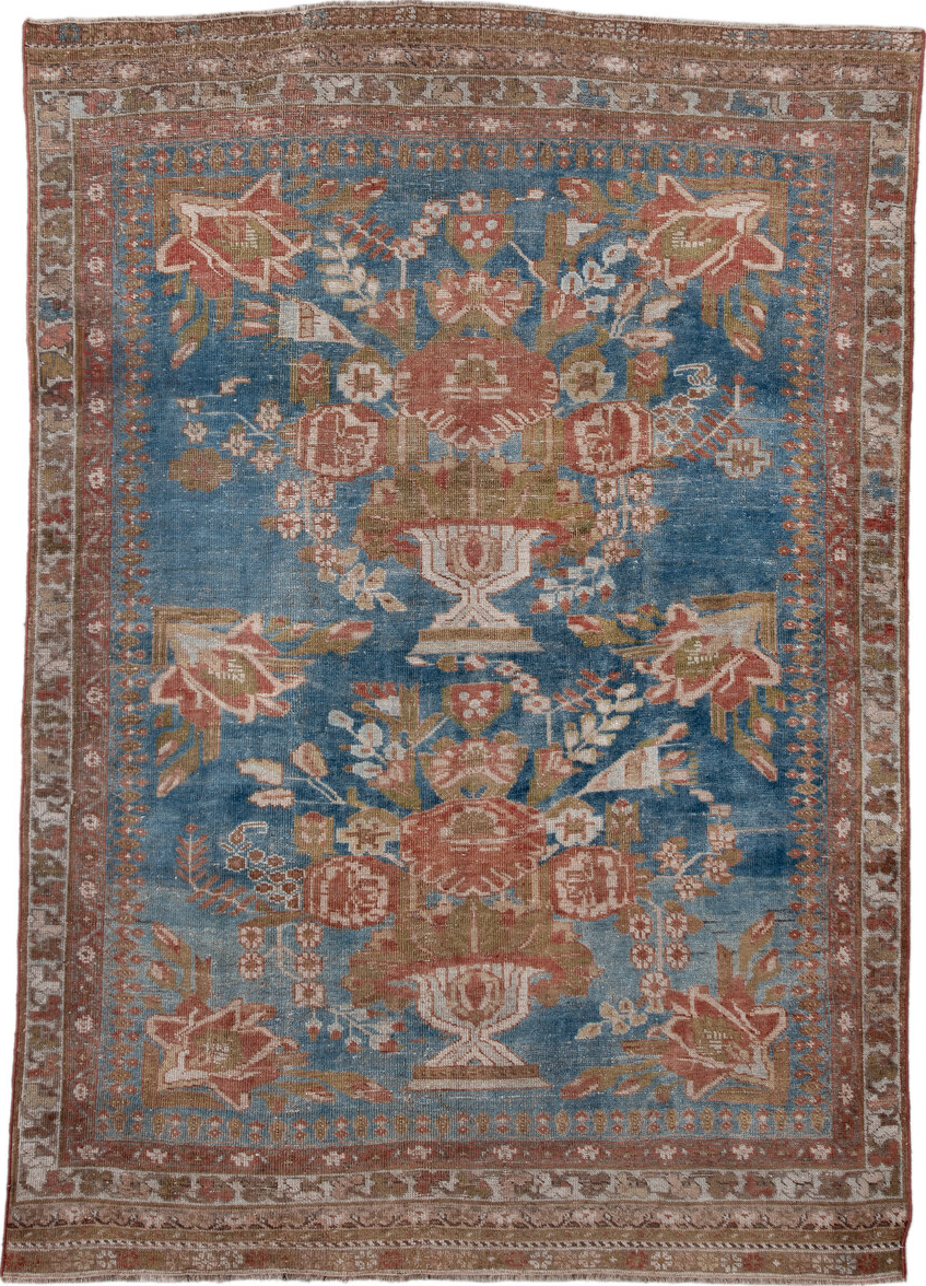 4' x 6' one-of-a-kind handmade vintage Afshar small size rug. Color palette: arapawa, blue, brown, gray, light blue