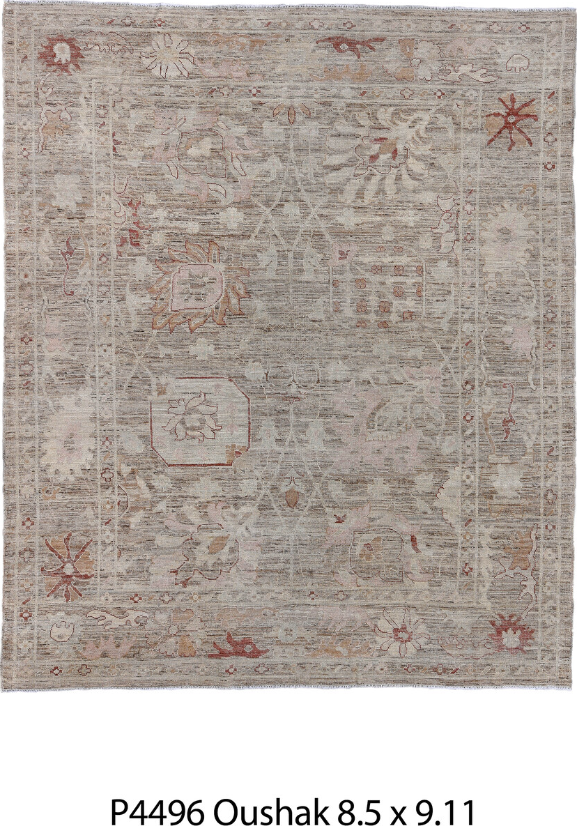 8' x 9' one-of-a-kind handmade vintage Oushak rug. Color palette: brown, gainsboro, gray, light gray, off-white, pink, red