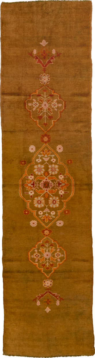 3' x 11' one-of-a-kind handmade vintage Oushak runner rug. Color palette: brown, gray, off-white, red, snow, white