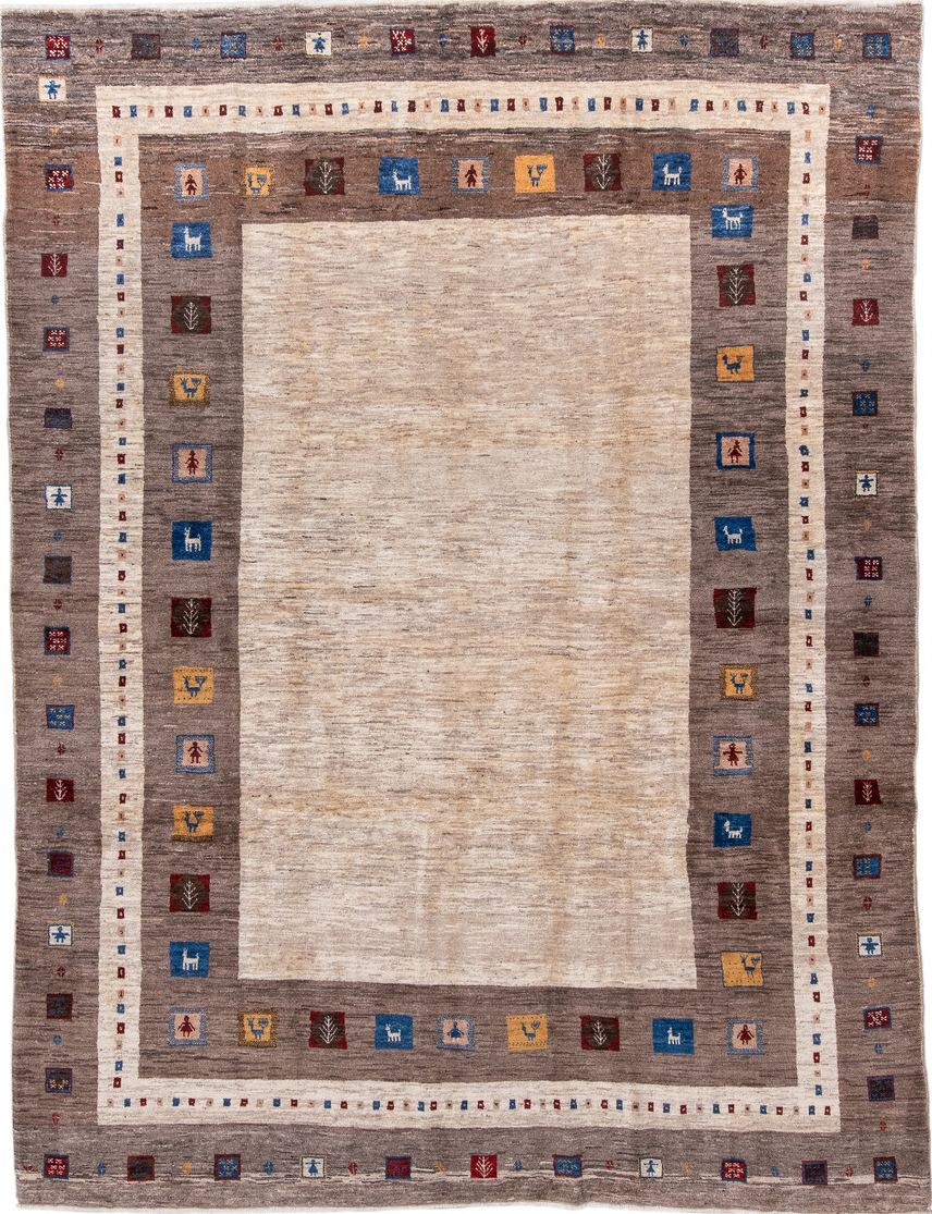 7' x 9' one-of-a-kind handmade vintage Gabbe rug. Color palette: blue, brown, gray, light gray, off-white, orange, peru
