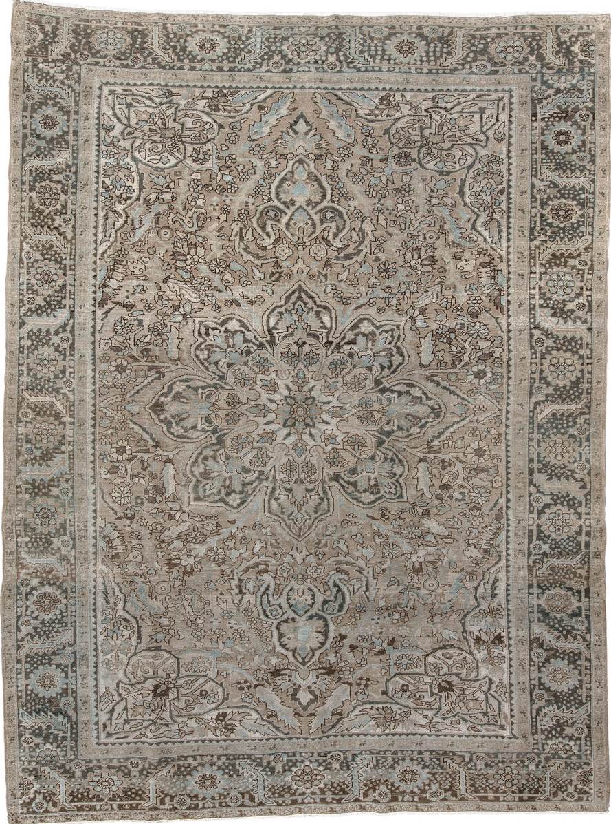 9' x 12' one-of-a-kind handmade vintage Heriz large size rug. Color palette: brown, dark gray, gray, light gray, off-white