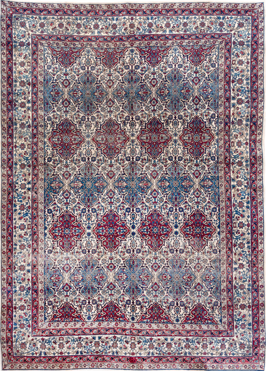 8' x 12' one-of-a-kind handmade vintage Lavar large size rug. Color palette: antiquewhite, arapawa, blue, brown, dim gray