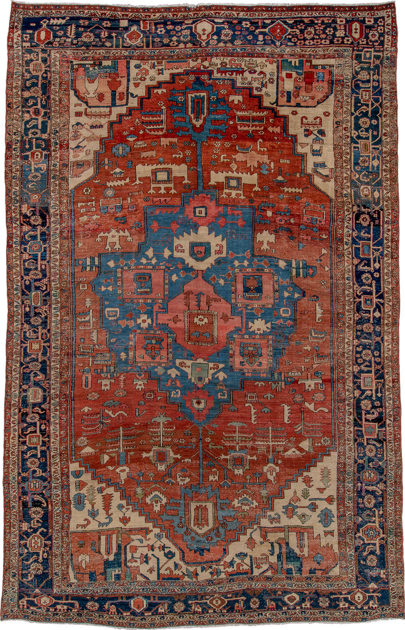 11' x 18' one-of-a-kind handmade vintage Serapi oversize rug. Color palette: arapawa, black, blue, brown, dark slate gray