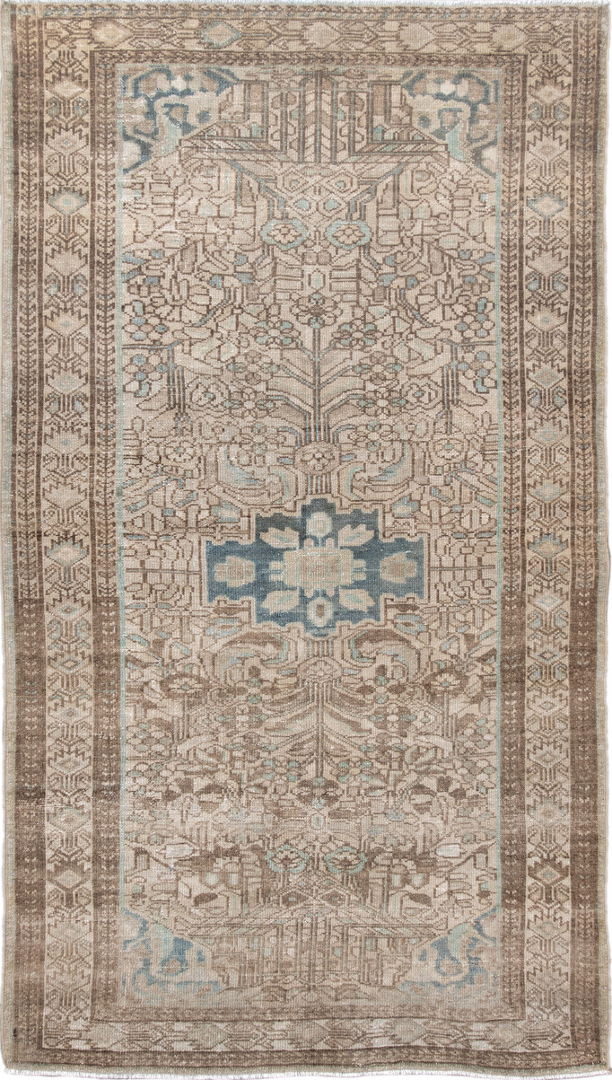 3' x 6' one-of-a-kind handmade vintage Malayer small size rug. Color palette: brown, gray, light gray, off-white