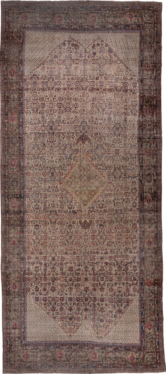 8' x 19' one-of-a-kind handmade vintage Farahan rug. Color palette: black, blue, brown, charcoal, gray, pink, red