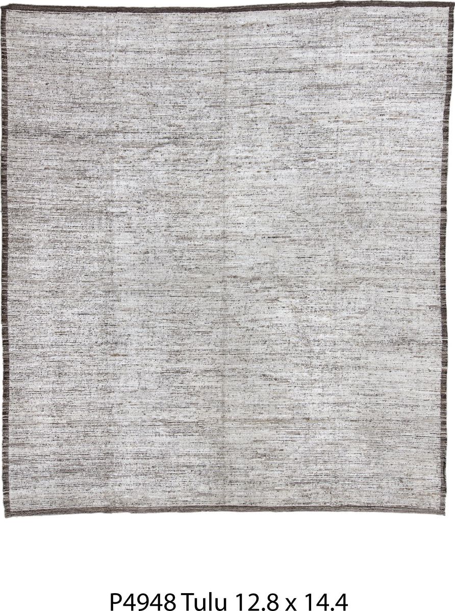 12' x 14' one-of-a-kind handmade vintage Tulu oversize rug. Color palette: brown, gray, light gray, off-white, snow, white