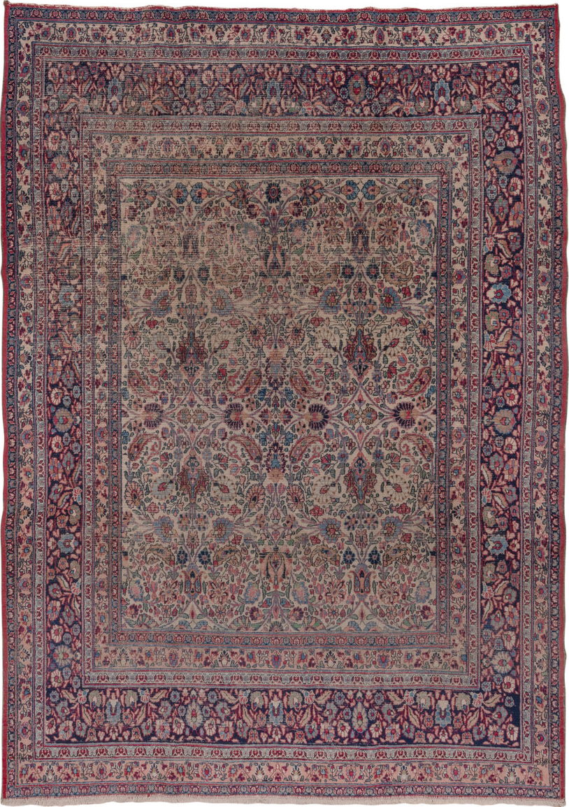 7' x 10' one-of-a-kind handmade vintage Khorassan large size rug. Color palette: black, blue, brown, charcoal, gray, pink