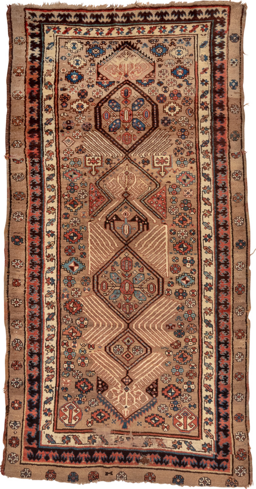 4' x 8' one-of-a-kind handmade vintage Sarab runner rug. Color palette: blue, brown, gray, orange, pink, tan