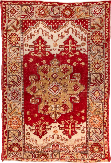 3' x 5' one-of-a-kind handmade vintage Oushak small size rug. Color palette: brown, fire brick, maroon, off-white, orange