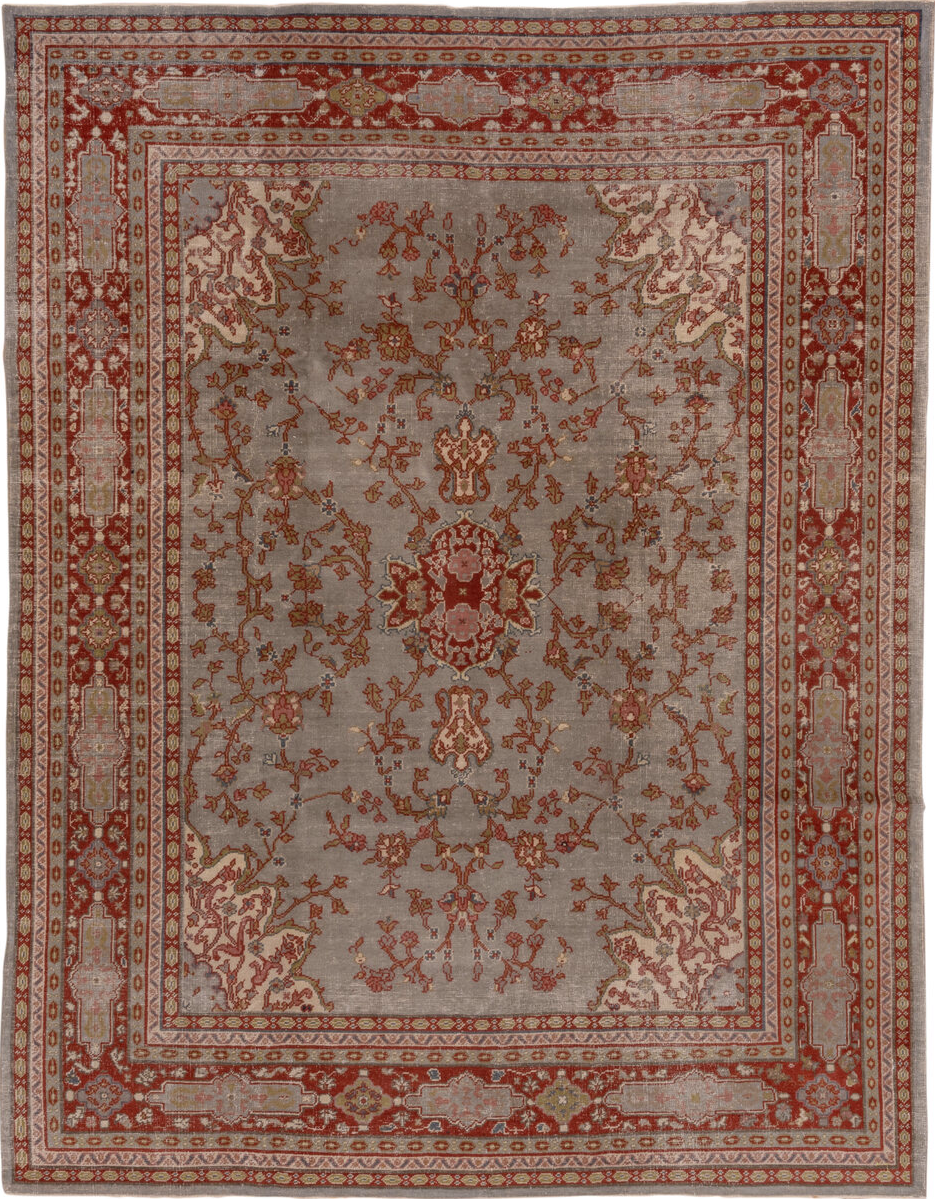 7' x 10' one-of-a-kind handmade vintage Oushak large size rug. Color palette: brown, gray, pink, red