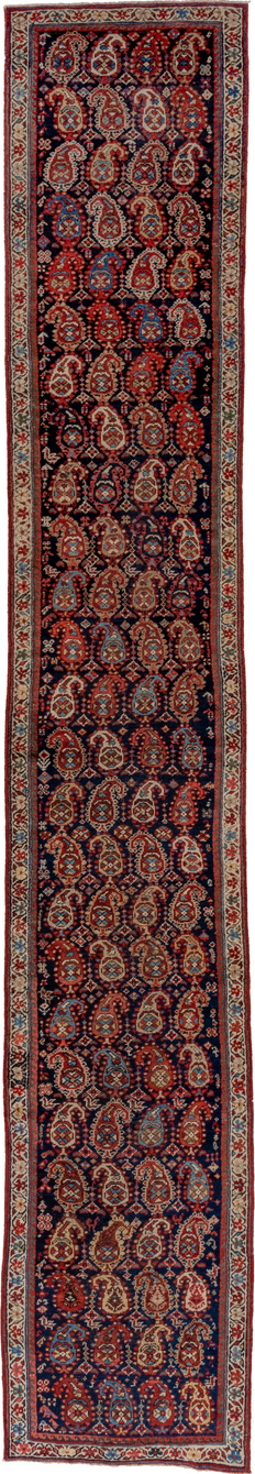 2' x 16' one-of-a-kind handmade vintage Malayer runner rug. Color palette: black, blue, brown, dim gray, gray, off-white