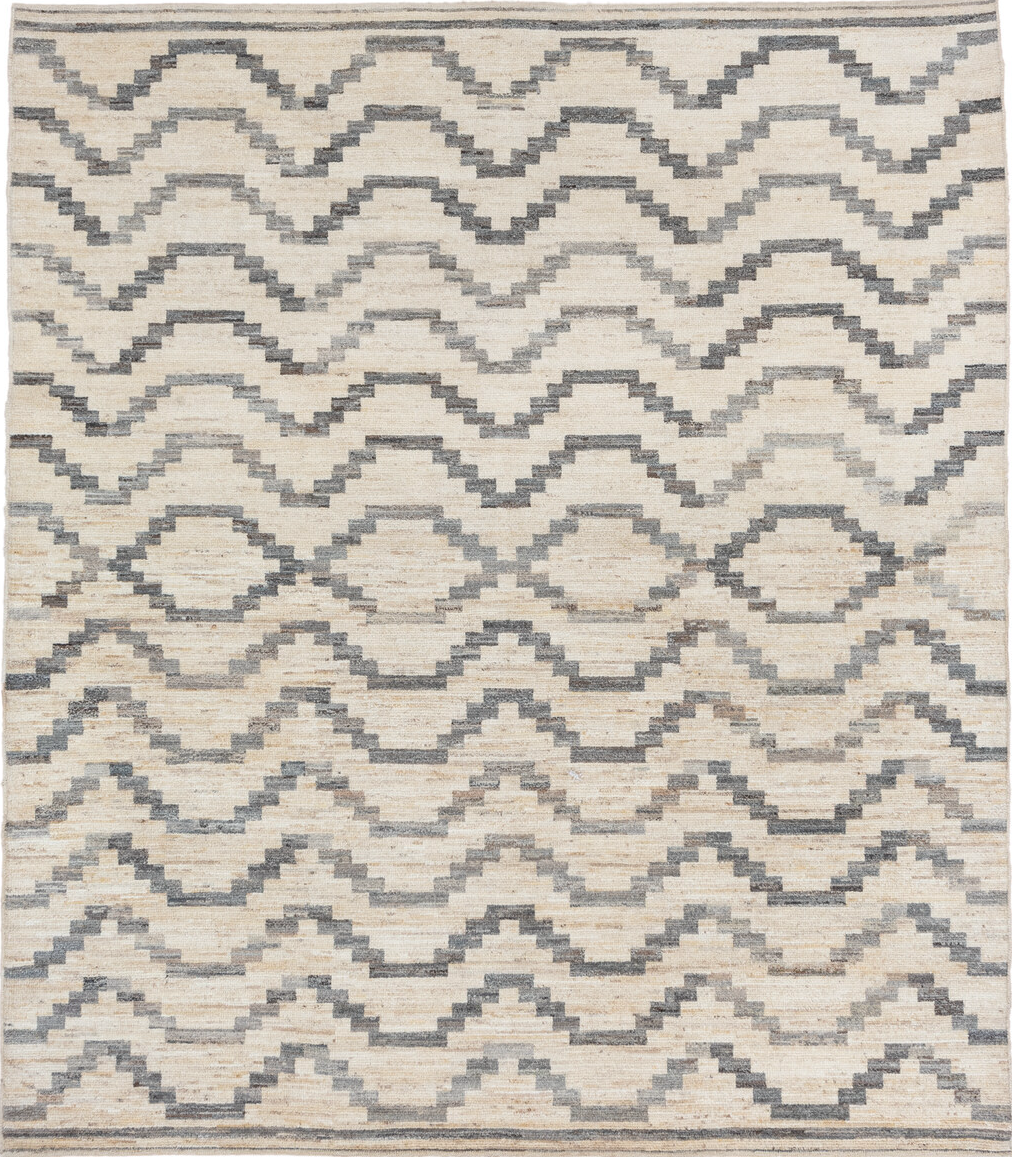 8' x 9' one-of-a-kind handmade vintage Afghan rug. Color palette: brown, dark gray, dim gray, gray, light gray, linen