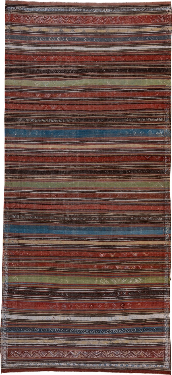 6' x 14' one-of-a-kind handmade vintage Kilim large size rug. Color palette: arapawa, black, blue, brown, dark gray, gray