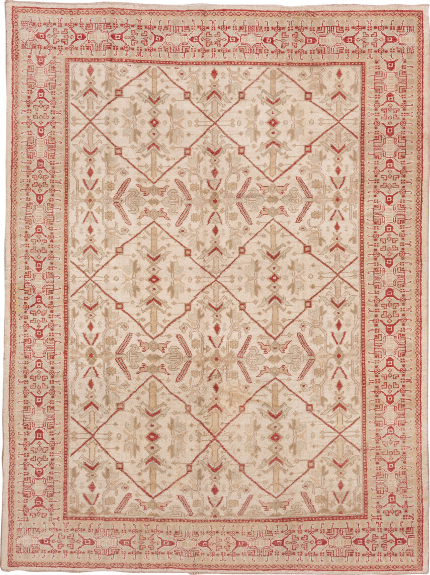 8' x 11' one-of-a-kind handmade vintage Oushak large size rug. Color palette: brown, gray, off-white, orange, pink, red, tan