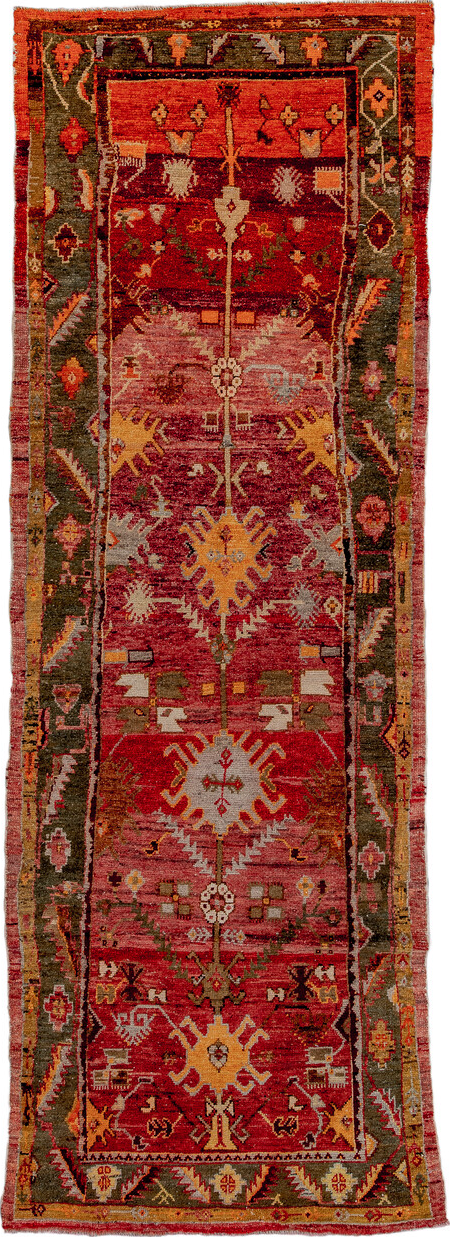 3' x 9' one-of-a-kind handmade vintage Oushak runner rug. Color palette: black, brown, orange, pink, red