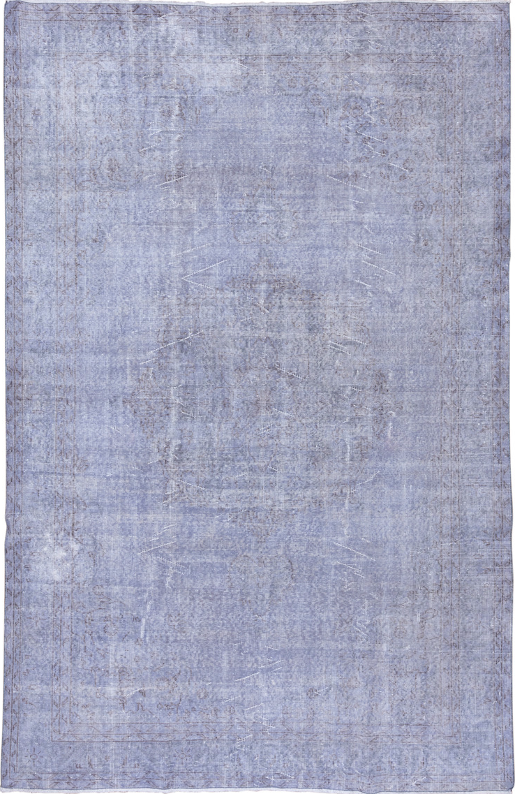 6' x 10' one-of-a-kind handmade vintage Overdyed large size rug. Color palette: blue, dim gray, gray, light blue, light gray