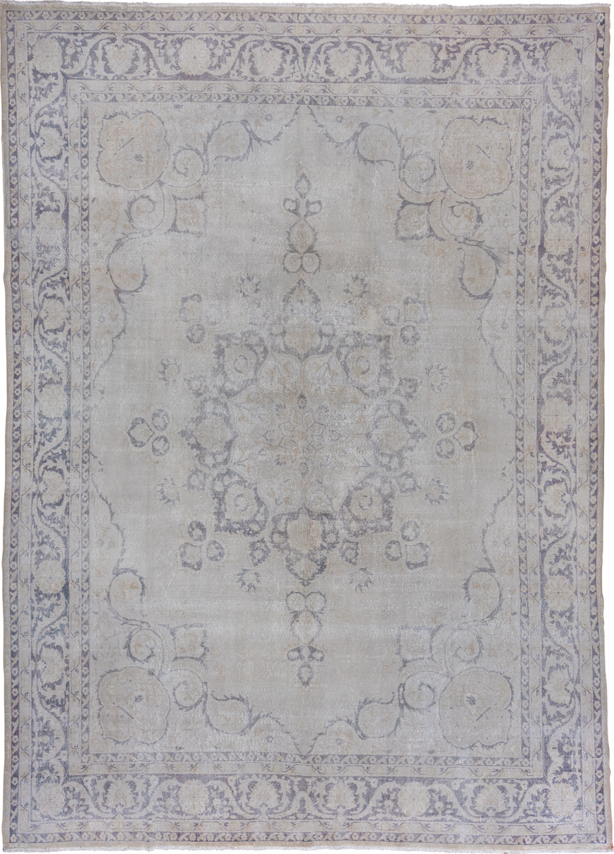 9' x 13' one-of-a-kind handmade vintage Oushak large size rug. Color palette: dark gray, gray, light gray, off-white, silver
