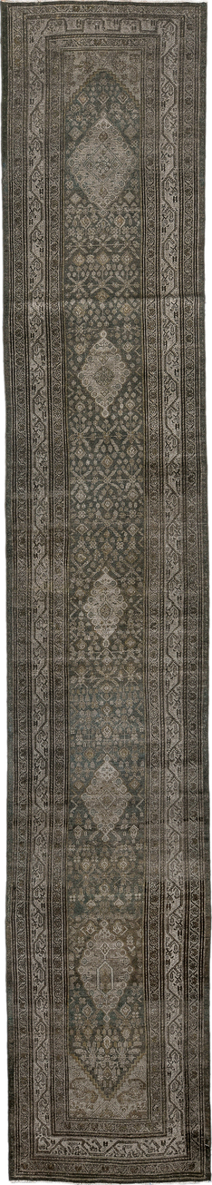 3' x 16' one-of-a-kind handmade vintage Malayer runner rug. Color palette: black, gray, light gray, off-white