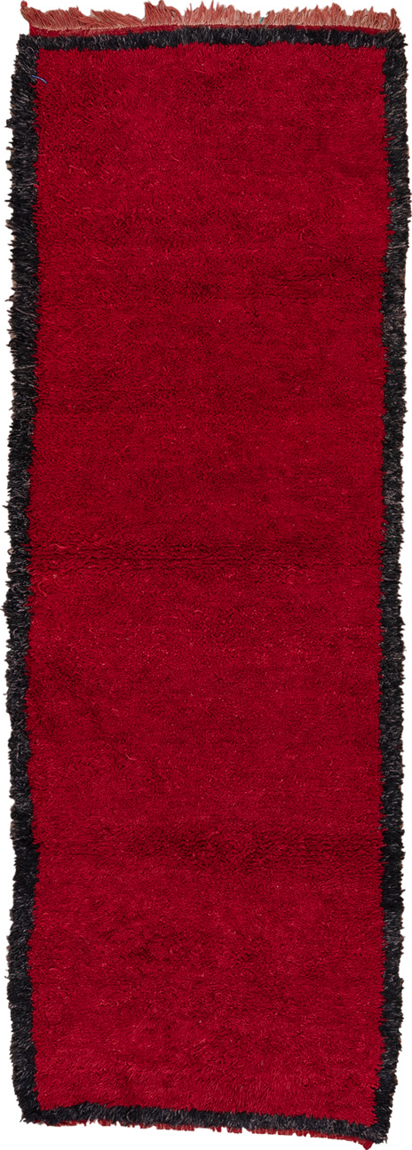 3' x 10' one-of-a-kind handmade vintage Moroccan runner rug. Color palette: red, brown, gray, pink, black, off-white