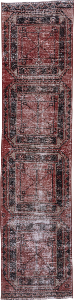 2' x 11' one-of-a-kind handmade vintage Oushak runner rug. Color palette: brown, gray, light gray, pink, red