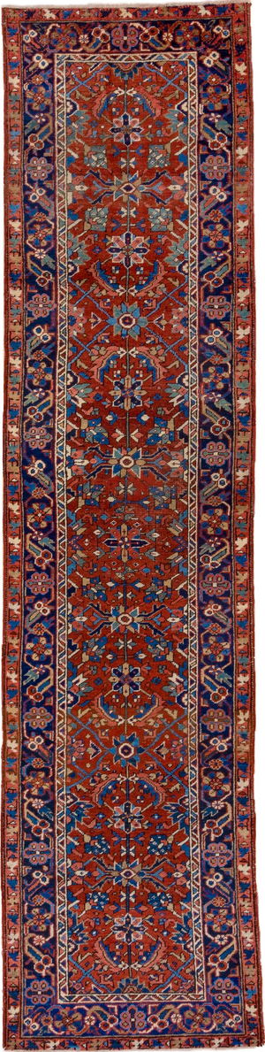 3' x 12' one-of-a-kind handmade vintage Heriz runner rug. Color palette: blue, brown, gray, orange, pink, red, wine