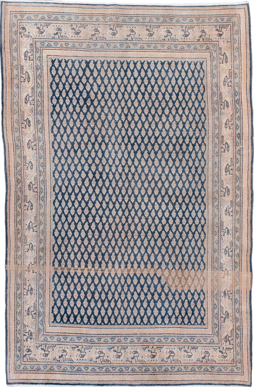 4' x 6' one-of-a-kind handmade vintage Saraband small size rug. Color palette: blue, fiord, gray, light blue, light gray