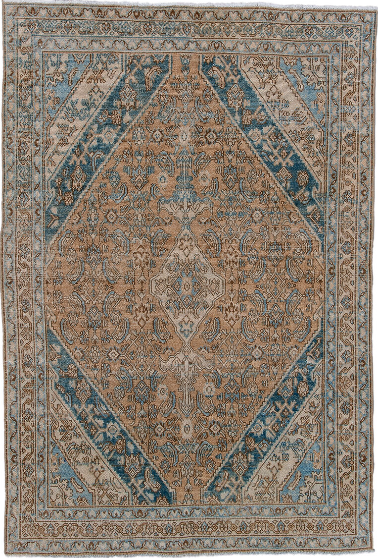 4' x 6' one-of-a-kind handmade vintage Bibikabad small size rug. Color palette: black, blue, brown, dark slate gray, gray