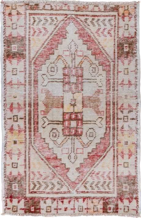 2' x 3' one-of-a-kind handmade vintage Oushak small size rug. Color palette: brown, gray, light gray, off-white, pink