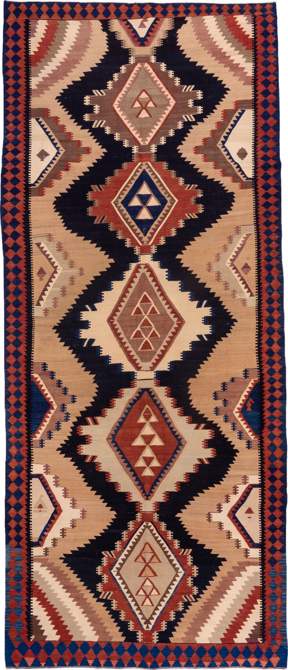 6' x 15' one-of-a-kind handmade vintage Kilim rug. Color palette: blue, brown, gray, off-white, orange, pink, red, redwood