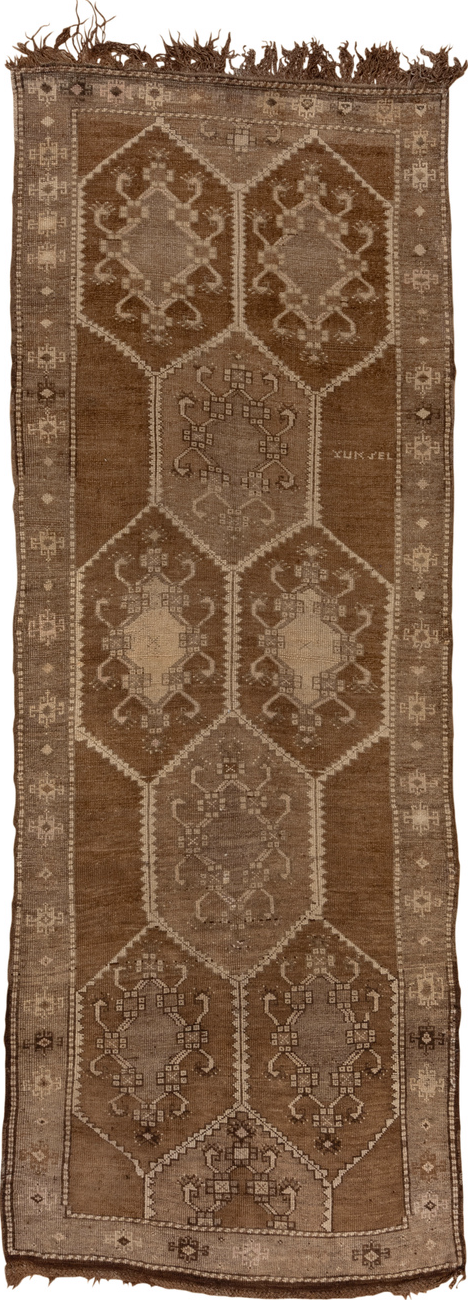 4' x 12' one-of-a-kind handmade vintage Kars runner rug. Color palette: brown, gray, off-white, snow, white, whitesmoke