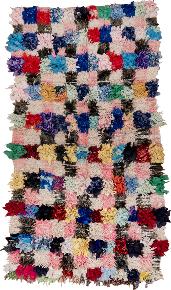 3' x 5' one-of-a-kind handmade vintage Rag Rug small size rug. Color palette: blue, brown, burgundy, fire brick, gray, green
