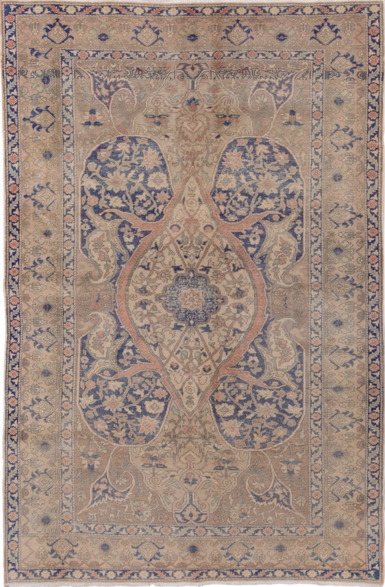 4' x 7' one-of-a-kind handmade vintage Oushak rug. Color palette: blue, brown, dim gray, gainsboro, gray, light gray