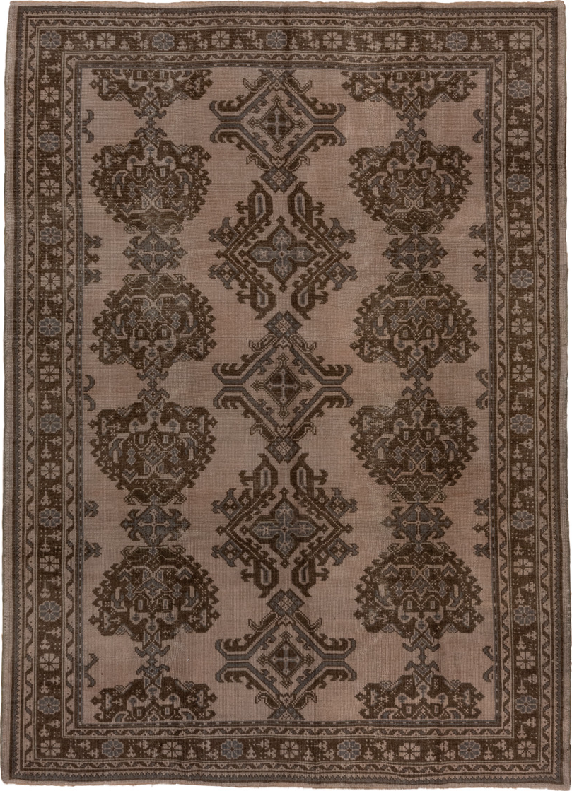 7' x 10' one-of-a-kind handmade vintage Oushak large size rug. Color palette: brown, gray, light gray, off-white, pink, snow