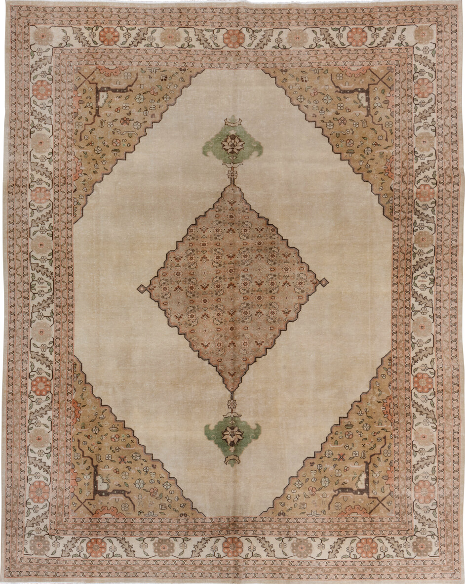 9' x 11' one-of-a-kind handmade vintage Tabriz large size rug. Color palette: brown, gray, light gray, pink