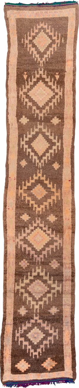 2' x 14' one-of-a-kind handmade vintage Moroccan runner rug. Color palette: blue, brown, off-white, orange, pink, snow