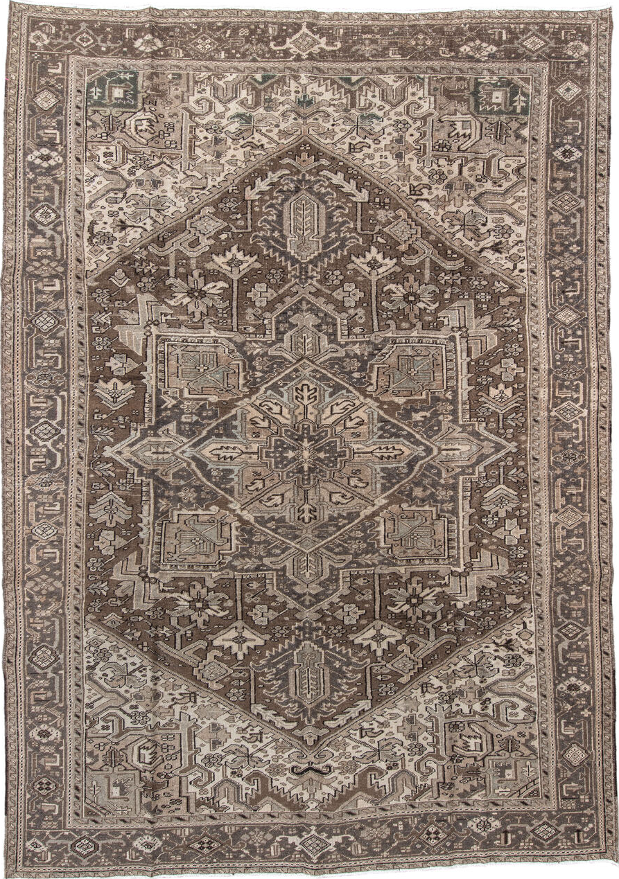 8' x 12' one-of-a-kind handmade vintage Heriz large size rug. Color palette: gray, brown, light gray, off-white, pink