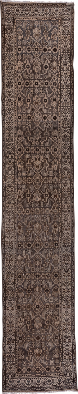 2' x 13' one-of-a-kind handmade vintage Malayer runner rug. Color palette: brown, gray, off-white, pink, snow, white