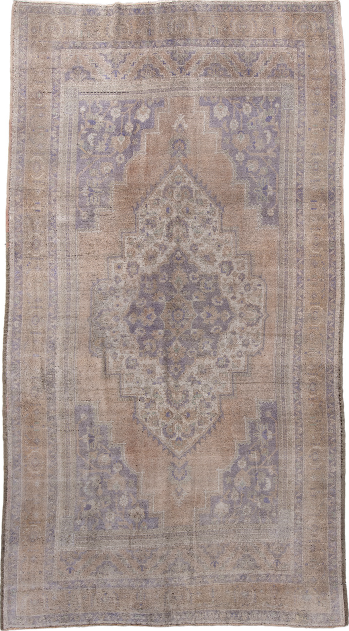 6' x 11' one-of-a-kind handmade vintage Oushak large size rug. Color palette: dim gray, gray, light gray, off-white, pink