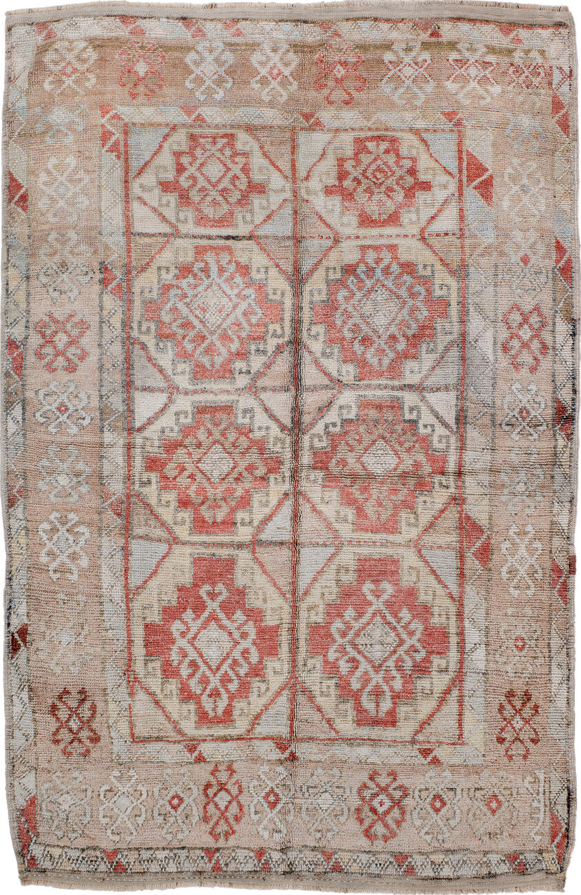 4' x 7' one-of-a-kind handmade vintage Anatol rug. Color palette: brown, gray, light gray, off-white, pink, red, silver